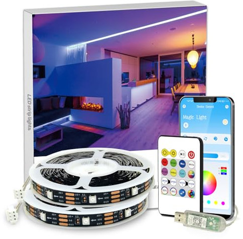phopollo USB Led Strip Light 10m (5m×2) RBG IC for Bedroom with Remote USB Power Strip Lighting Room Colour Changing Light Without Plug