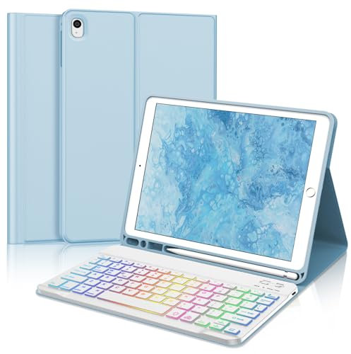 SENGBIRCH Keyboard Case for iPad 10.2 inch 9th/8th/7th Generation - UK Layout Bluetooth Detachable Wireless Backlit Keyboard for iPad Air 3, iPad Pro 10.5 2017, Light Blue
