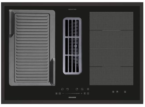 Oranier Flächen-Induktionskochfeld 80 cm KFA590 - großes Kochfeld mit Abluft-Umluft Kochfeldabzug & gerillter Grillplatte & schwarzer Kochfeldrahmen