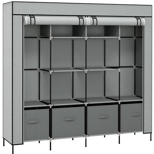 HOMCOM Armario de Tela para Dormitorio Armario Portátil con 10 Compartimentos 2 Rieles Colgantes y 4 Cajones de Tela 166x42,5x169,5 cm Gris Oscuro