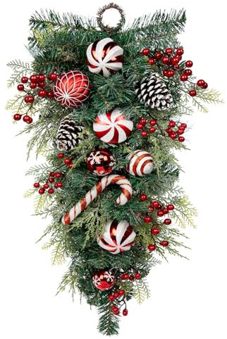 Weihnachtsdeko Tropfen Girlande für Weihnachten - Rot-Weiße Weihnachten Teardrop Swag mit Weihnachtskugeln, Beeren, Tannenzapfen und Schleife, Weihnachtsdeko, Höhe 76CM