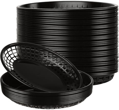 VIDETOL 100 PCS Plastic Food Basket, 22 x 14 x 4 cm Reusable Oval Fruit Basket, Black Fast Food Basket for Party, Picnics, BBQ