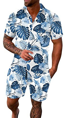Generisch Hawaii-Set für Herren, lässig, Knopfleiste, 2-teilig, Blumenmuster, bedrucktes Sommerhemd für den Urlaub Rave Outfit Herren Hemd Herren Langarm Sommerhemd