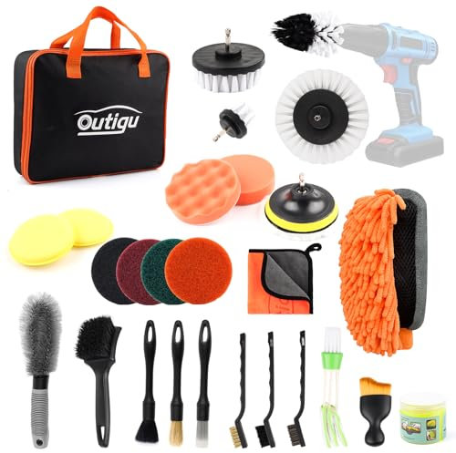 Outigu Kit de limpieza de 28 piezas, kit de limpieza interior de coche con cepillos ultrasuaves para detalles de coche, kit de lavado de coche con paño de limpieza de microfibra, guante de lavado de