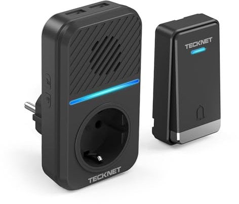 TECKNET Campanello senza fili, 400 m, campanello per porta senza fili, autoalimentato, IP65, impermeabile, campanello elettronico, kit campanello con prese USB esterne e luce LED, 60 melodie, 5