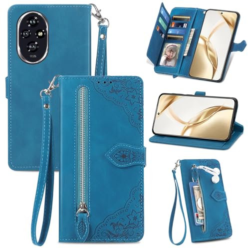 Fertuo Cover per Honor 200 5G, Custodia a Libro in Pelle PU Flip Case con Porta Carte, Chiusura Magnetica e Cinturino [Disegni di Fiori] Portafoglio Antiurto per Honor 200 5G, Blu