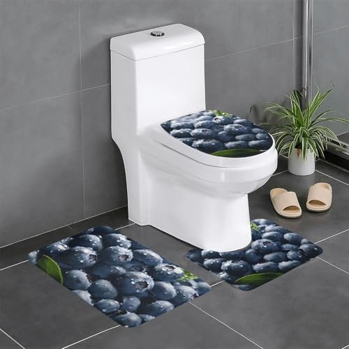 HJTRW Delicious Blueberry Lot de 3 tapis de bain antidérapants et absorbants pour abattant de WC en forme de U pour décoration de chambre à coucher, toilettes, salle de bain