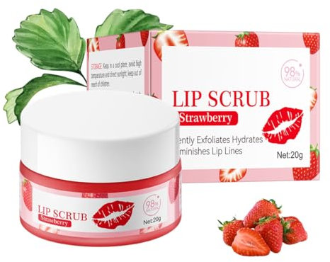 Strawberry Lip Scrub Exfoliator - Natural Lip Exfoliator Scrub for Hydration and Softening, Diminishes Lip Lines, Brightens and Softens Lips, 20g - Perfect Lip Care Treatment