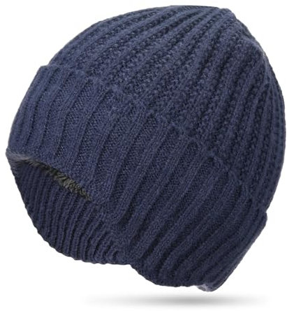 Jadive Bonnet d'hiver avec Cache Oreilles Bonnet Tricoté Épais Chaud Peluche Doublure Bonnet pour Femmes Hommes en Plein Air Sports(Bleu Marine)