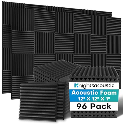 Knightsacoustic 96 Pack Sound Proof Foam Panels for Walls, 1 X 12 X 12 Inches Acoustic Foam Panels, High Density Acoustic Panels Sound Absorbing, Black Noise Cancelling Studio Wedges(NOT ADHESIVE)