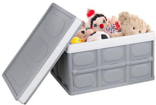 Tuevob 2 Pack Collapsible Storage Boxes Crates 30L Lidded Storage Bins Plastic Tote Storage Box Container Stackable Folding Utility Crate for Clothes, Books,Snack, Shoe Grocery Storage Bin-Grey