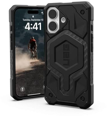 URBAN Armor Gear Monarch Case kompatibel mit Apple iPhone 16 Hülle (Wireless Charging kompatibel, 5-Schichten Schutz nach Militärstandard, Erhöhter Rand) Carbon Fiber