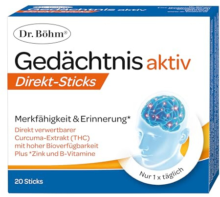 Dr Böhm Gedächtnis Aktiv für Fokus und Konzentration, 20 Sticks | Curcuma-Extrakt, Lecithin-Komplex, Zink und B-Vitamine - für Merkfähigkeit, Erinnerung, Lernen und geistige Leistung