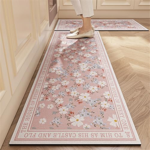 Hixingo Tappeto Cucina in Diatomite, Passatoia Cucina Antiscivolo Lavabile, Stampa di Rose Tappeti da Cucina, Tappeto Runner Cucina Tappeto da Bagno Tappetino per Doccia (Fiore Rosa,60x120cm)