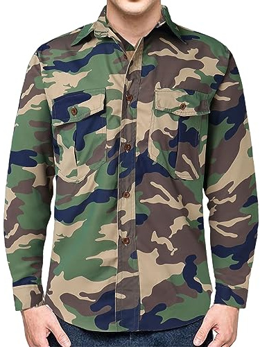 NQyIOS Men's Shirts Casual Loose Trendy Double Pocket Washed Camouflage Cargo Long Sleeve Shirt Plain Regualr Fit Casual Button Down Men Shirts