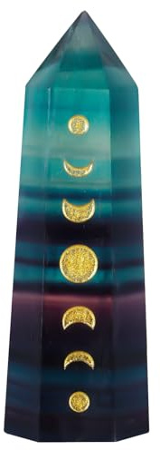dssmboom Baguette Cristal Phase Lunaire, Pierre Chakra en Fluorite | Baguette à pointe simple pour méditation, Wicca et équilibrage des chakras, tour de pierre gravée pour décoration intérieure