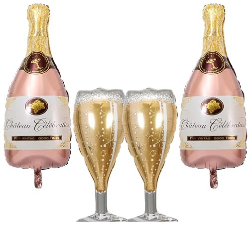4 Stk Folienballon Champagne mit Helium Gasflasche | XXL-Weinflasche Heliumballon | Sektflaschen Deko | Ideal für Hochzeiten, Geburtstage & Events