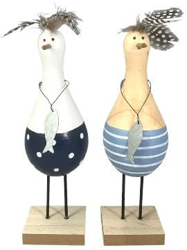 osters muschel-sammler-shop Deko-Möwen-Figuren Set, 2 Stück, Holz mit Federn, Maritime Tischdekoration (22cm)