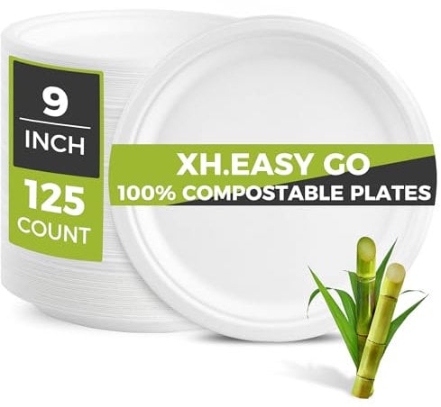 XH.Easy Go 9 Inch Paper Plates Heavy-Duty Disposable Plates Bulk [125 Pcs], 100% Compostable and Eco-Friendly Biodegradable Plate, Made of Sugarcane Fibers 9 White Dishes