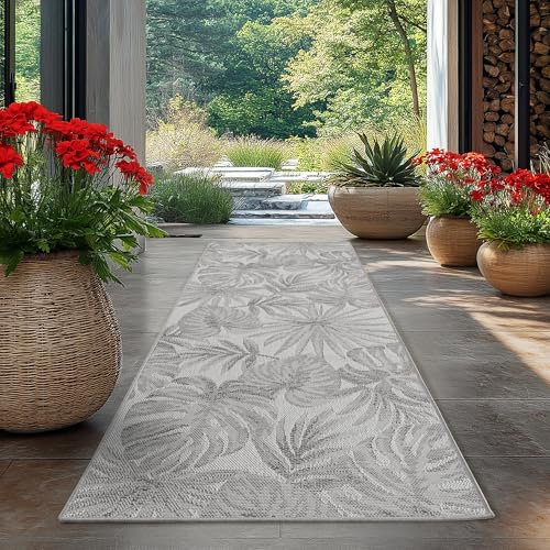 HomebyHome Outdoor Teppich Grau 80x250 cm Läufer, Wetterfest & UV-beständig, ideal für Küche, Balkon, Terrasse auch Wohnzimmer und Esszimmer, Palmblätter-Design, Leicht zu Reinigen