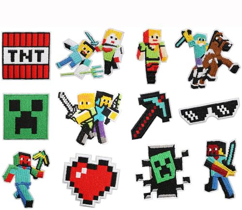 Miner Videospiel-Aufnäher zum Aufbügeln, Videospiel Spiel Flicken zum Aufbügeln, Patches zum Aufbügeln, Jeansflicken Draufbügeln, Bügelbilder für Textilien Kinder, Aufnäher für Kleidung (12 Stück)
