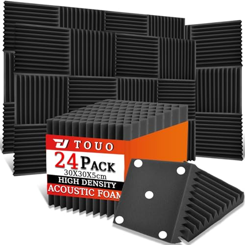 TOUO Akustikplatten, schalldichte Schaumstoffplatten für die Wand, 30,5 x 30,5 x 5,1 cm, schwer entflammbarer Keil-Akustikschaum, hochdichter schallabsorbierender Schaumstoff für Heimstudio, Schwarz