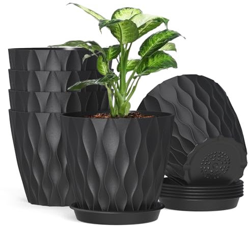 Homeuouz 6 Pack Plastic Plant Pots,Self Watering Plant Pots Indoor,5 Inch/12.5 CM,Medium Flower Pots with Drainage Holes Saucer and Reservoir for All House Plants(Black)