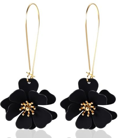 Schwarze Ohrringe Damen, Ohrringe Schwarz Gold Blüten-Ohrhänger mit Mattlackierung Schichtblüten-Design, Leichtgewichtiger Bohème-Schmuck für Party Alltag und besondere Anlässe
