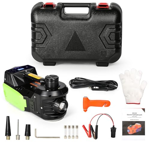 Cric Hydraulique 5T 4 en 1 Cric Electrique Hauteur de Levage 155mm-450mm Cric Portable pour Voiture SUV MPV Berline avec Lumière LED Pompe à Pneu Boîte à Outils