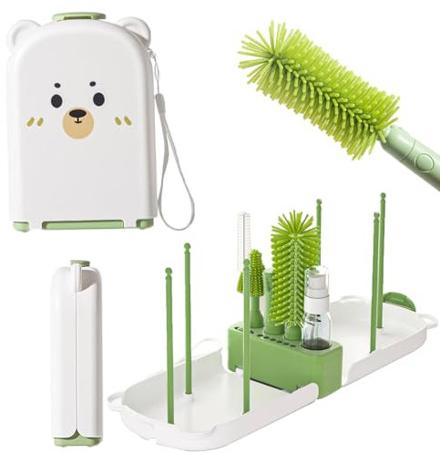 6 in 1 Baby Bottle Brush Set with Storage Drying Rack Holder Baby Travel Bottle Cleaner Kit for Cleaning Glasses Cup Water Bottles - KAMHBE (Green)
