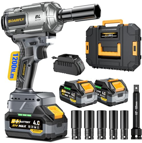 SOARFLY Upgraded Cordless Impact Wrench 1/2, 900 Ft-lbs (1200 Nm) Brushless Impact Gun, 21V High Torque Impact Driver with 2x 4.0Ah Batteries, Variable Speed for Car, Truck, Workshop, Heavy-Duty Jobs