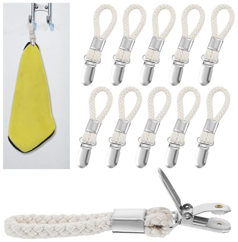 Bremorou 10 Stück hängende Geschirrtücher Clip Metall Küchentücher Clips mit Stoffhaken Clip Aufhänger mit Aufhängeschlaufe geflochtene Baumwollschlaufe Handtuch für Zuhause Küche Badezimmer Schränke