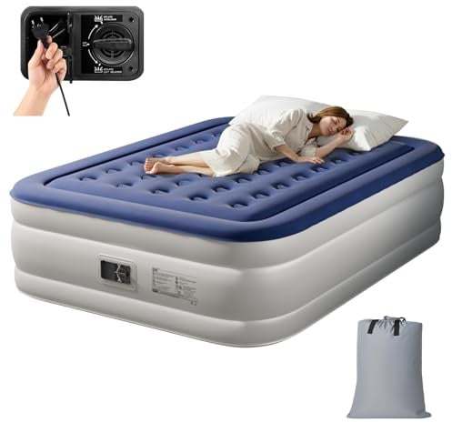 Bonnlo faltbare Campingmatratze mit Elektrischer Pumpe – Luftmatratze selbstaufblasend mit Velours-Oberfläche, Luftbett 2 Personen für Outdoor & Gäste, 200 kg Tragkraft, 203 x 152 x 45 cm, Blau & Weiß
