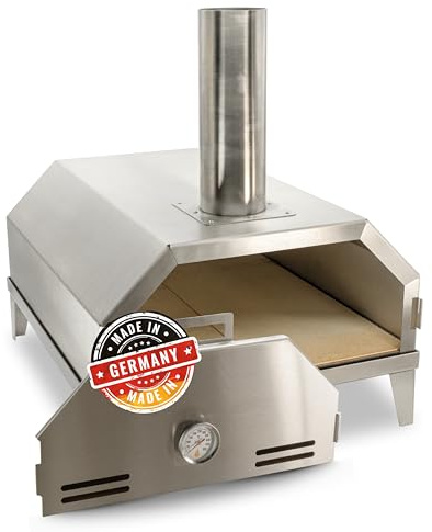 Feuerfest 123 Pizzaofen Manhattan I Hochwertiger Pizza-Ofen aus rostfreiem Edelstahl & Schamotte I Aufbaufertiger Outdoor-Ofen mit Kamin & Thermometer I Ideal für Pizza, Brot & Flammkuchen