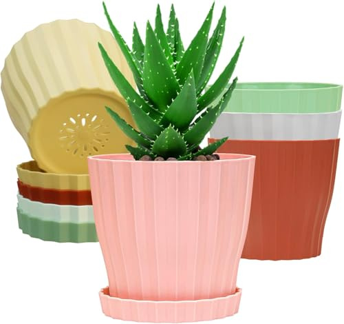 NZWBSHSSP 5 Pack 6inch Plant Pots Outdoor Indoor Plastic Flower Pots with Drainage Holes and Tray Saucers Small Garden House Home Decor Nursery Pot for Plant Succulent Herb Orchid Seedling Flower