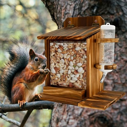 Futterhaus Eichhörnchen Wetterfest,Hölzerne Eichhörnchen Picknick Tischfütterung mit Wasserflasche und Fenster,22,5×17,7×25 cm,Langlebige Chipmunk Haus Box für Mais-Erdnüsse,Maiskolben, und Nüsse