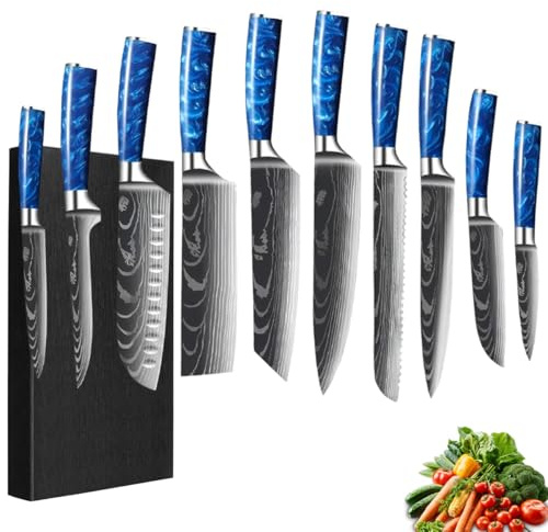 FIVE COWS Messerblock Set, mit 10-teilige, Harzgriff, Kitchen knife Set mit Kochemesser, Brotmesser, Santokumesser, Schälmesser, Damast-Muster, Profi Kochmesser Set Geschenkbox (Blau)