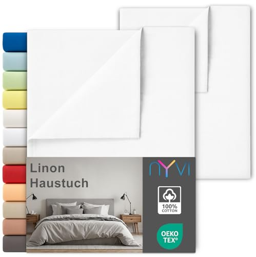 NYVI Linon Deluxe Bettlaken ohne Gummizug aus 100% atmungsaktiver Baumwolle - Betttuch auch als Sommerdecke nutzbar, Oeko-TEX 100, Bei 60°C waschbar - 240x260 cm (2er Set) Weiß