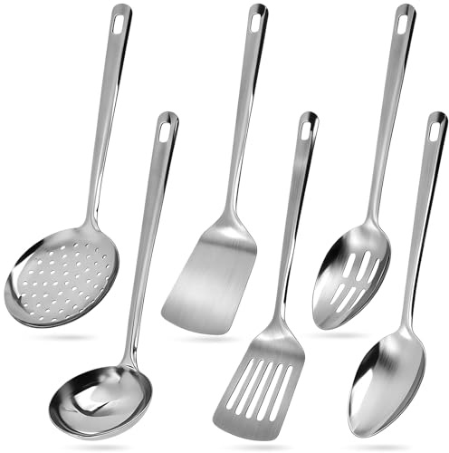 6 Pièces Ensemble Ustensiles Cuisine avec Manche Suspendu, Écumoire Acier Inoxydable, Spatules Fente Métal, Accessoires Home, Gadgets Antiadhésif, Cuillères Service Résistant, Louche Soupe Cuisson