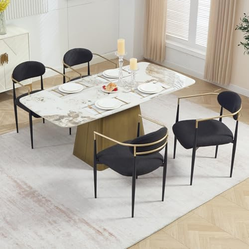 Relbiety Lot de 4 Chaises Fauteuil Salle à Manger Noir avec accoudoirs dorés,Chaise Salon en Boucé Pieds en métal Chaise Coiffeuse Chambre Moderne pour Cuisine,Salon,Salle à Manger
