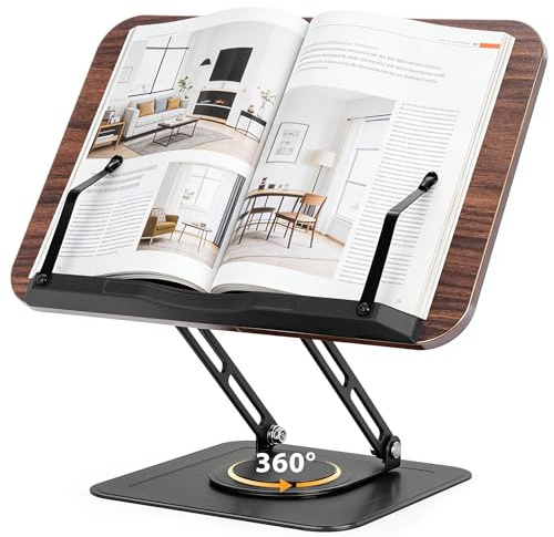 Buchständer zum Lesen, Verstellbarer Buchständer mit 360° Drehbarer Basis | Klappbar Buchhalter mit Seitenclip, Leseständer für Kochrezepte, Notenblätter, Zeitschriften & Tablets (Braun)