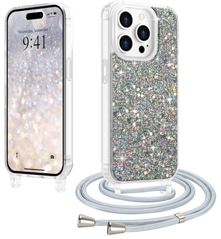 LCHULLE Crossbody Lanyard Case for iPhone 14 Pro with Strap, Silver | Adjustable Removable Neck Strap, Sparkle Glitter Phone Cover for Women, Clear TPU Bumper, Shockproof Drop Protection