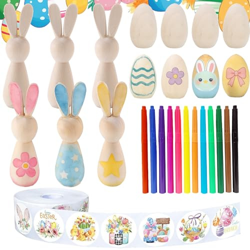 WENAUANG 10 Stück Ostereier zum Bemalen, Ostereier Holz+6 Stück Osterhase Holz+500 Stück Osterhase Aufkleber+12 Stück Aquarellstift Ostern Eggs Set Deko Osterdekoration