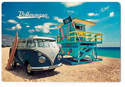 BRISA VW Collection - Volkswagen Retro-Blech-Schild-Vintage-Dekoration Geschenk-Idee aus Metall im T1 Bus Design (Beachlife/Bunt)