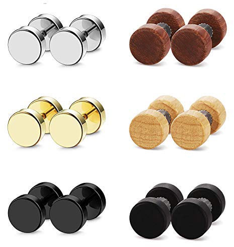 Aroncent 6 Paar Ohrstecker Tunnel Set 8mm Edelstahl Holz Runde Fake Plugs Ohrringe Cheater Illusion Ohr Piercing, Gold Schwarz Silber Braun