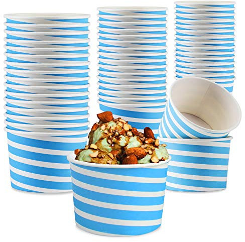 TYPTOP Eisbecher – 50 Einwegbecher aus Papier für Dessert und Partyzubehör, 237 ml (blaue Streifen, 237 ml)