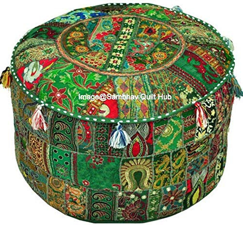 Sambhav Quilt Hub Grüner Sitzpuff, runde Stickerei, Vintage, Ottomane, Patchwork-Ottomane, Wohnzimmer, Patchwork-Fußhocker, dekorativer handgefertigter Stuhlbezug für Zuhause (45,7 x 33 cm)
