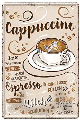 Cappuccino Blechschild - Retro Deko Kaffee Espresso Schild - Metallschild zur Dekoration von Küche Kaffeeladen Kaffeehaus American Cafe Diner Bistro - Anleitung Rezept zum Selbermixen - 20x30cm