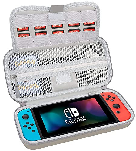 BOVKE Switch Case - Hard Protective Tragetasche mit Spielkassetten-Aufbewahrung & Playstand-Funktion, Extra Mesh Pouch für Nintendo Zubehör, Grau