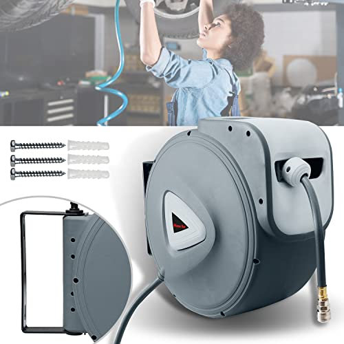 Fiqops Druckluftschlauch Aufroller automatisch 30M Druckluftschlauch Schlauchaufroller 1/4' Anschluss Schwenkbar Schlauchtrommel Wandmontage